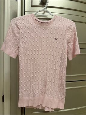 Tommy Hilfiger Light Pink Cable Knit Short Sleeve Crewneck Sweater